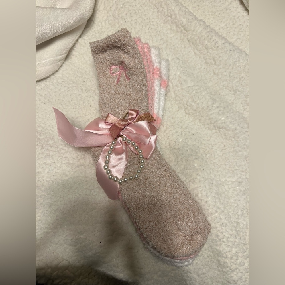 Pink, Tan, and White polka dot Cozy Socks (3 pairs)